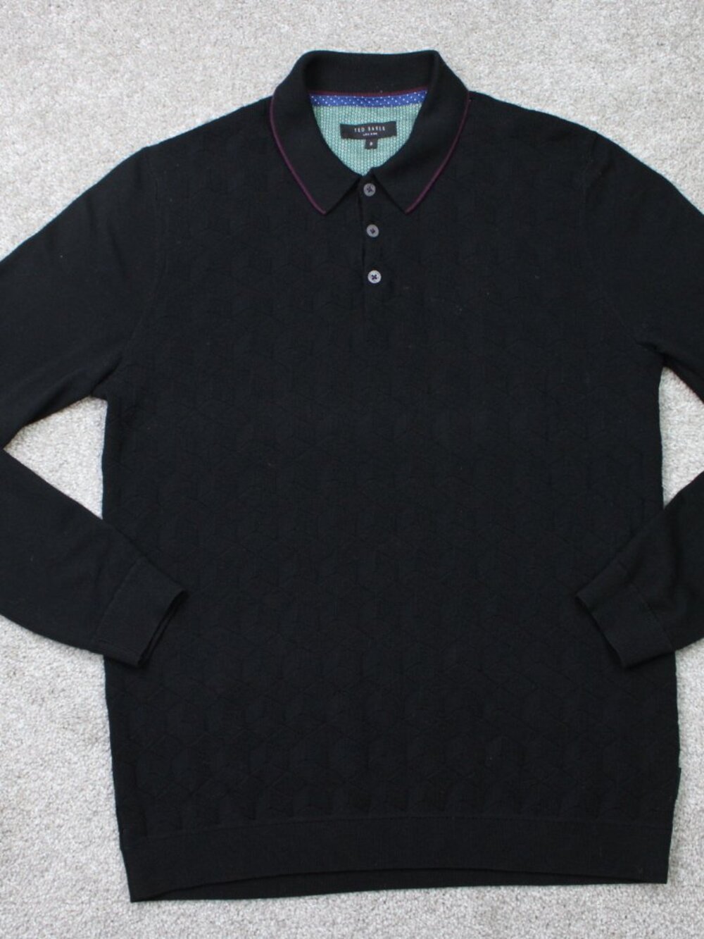 Ted Baker Polo Shirt Mens 3 US Medium Black Merino Wool/Polyamide Long Sleeve